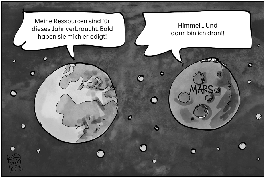 Comic über Erde und Mars im All mit Sprechblasen zu Ressourcenknappheit und Zukunftsangst